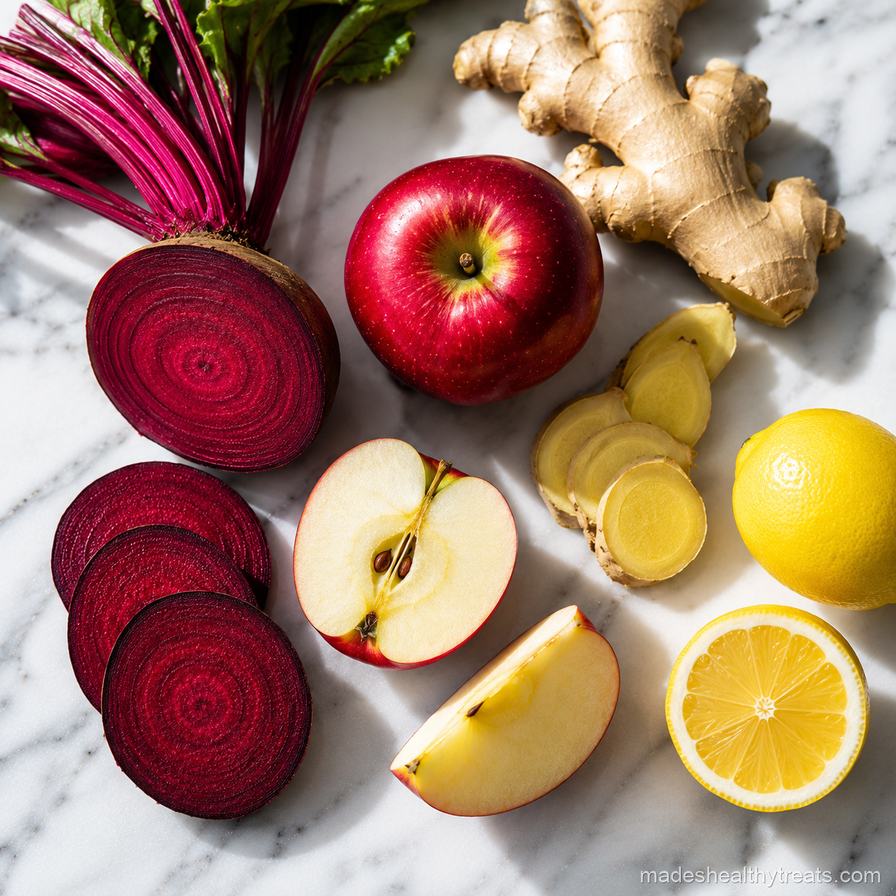 beet performance shot ingredients with beetroot apple ginger and lemon
