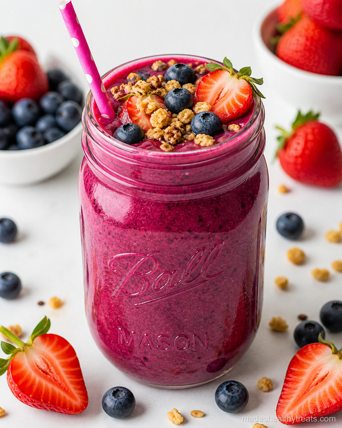 berry probiotic smoothie in a mason jar with kefir and berries