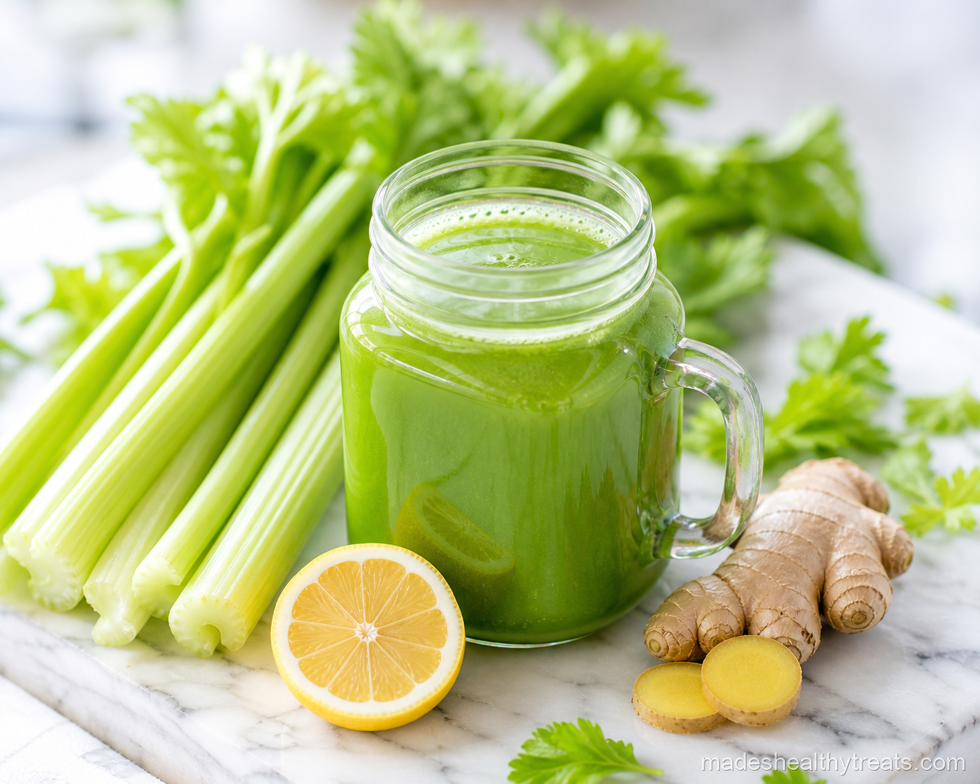 fresh celery detox juice blender prep with celery cucumber lemon and ginger