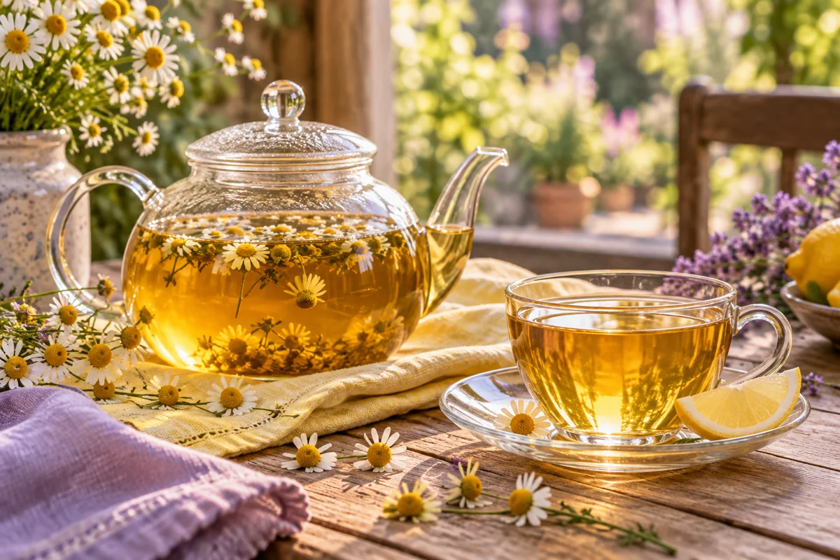 Chamomile Flower & Lemon Tea served in a transparent glass teapot and cup