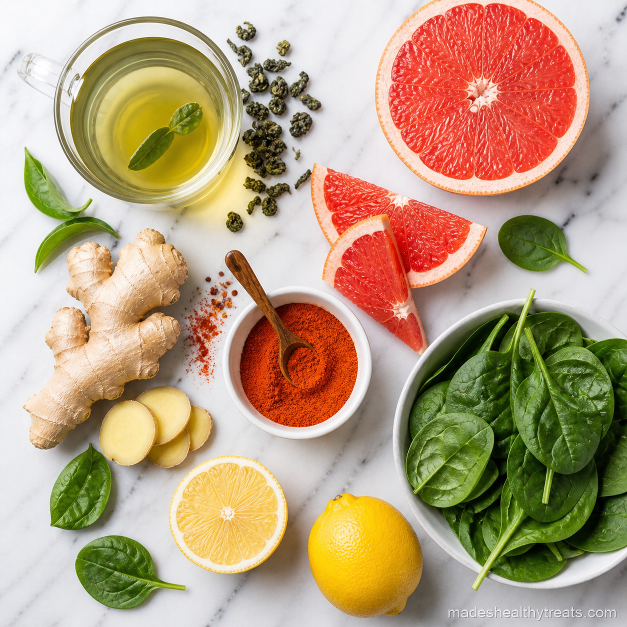 fat burning smoothie ingredients flat lay marble
