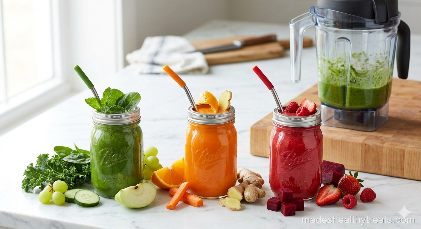 colorful fresh juices mason jars blender method