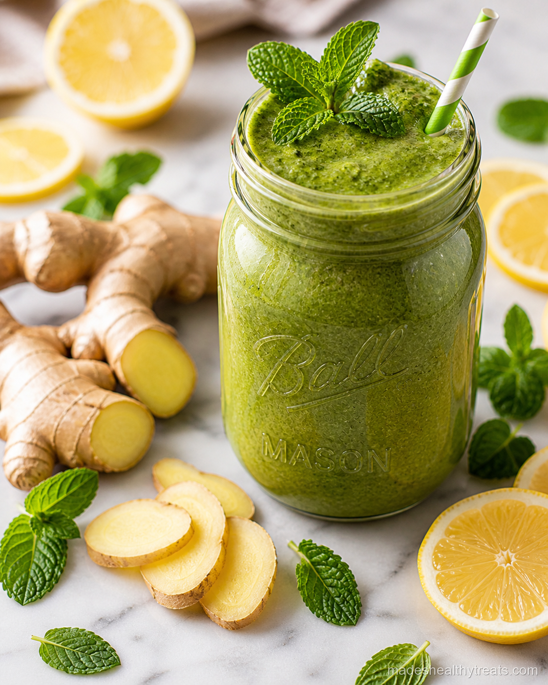 green smoothie with ginger benefits mason jar