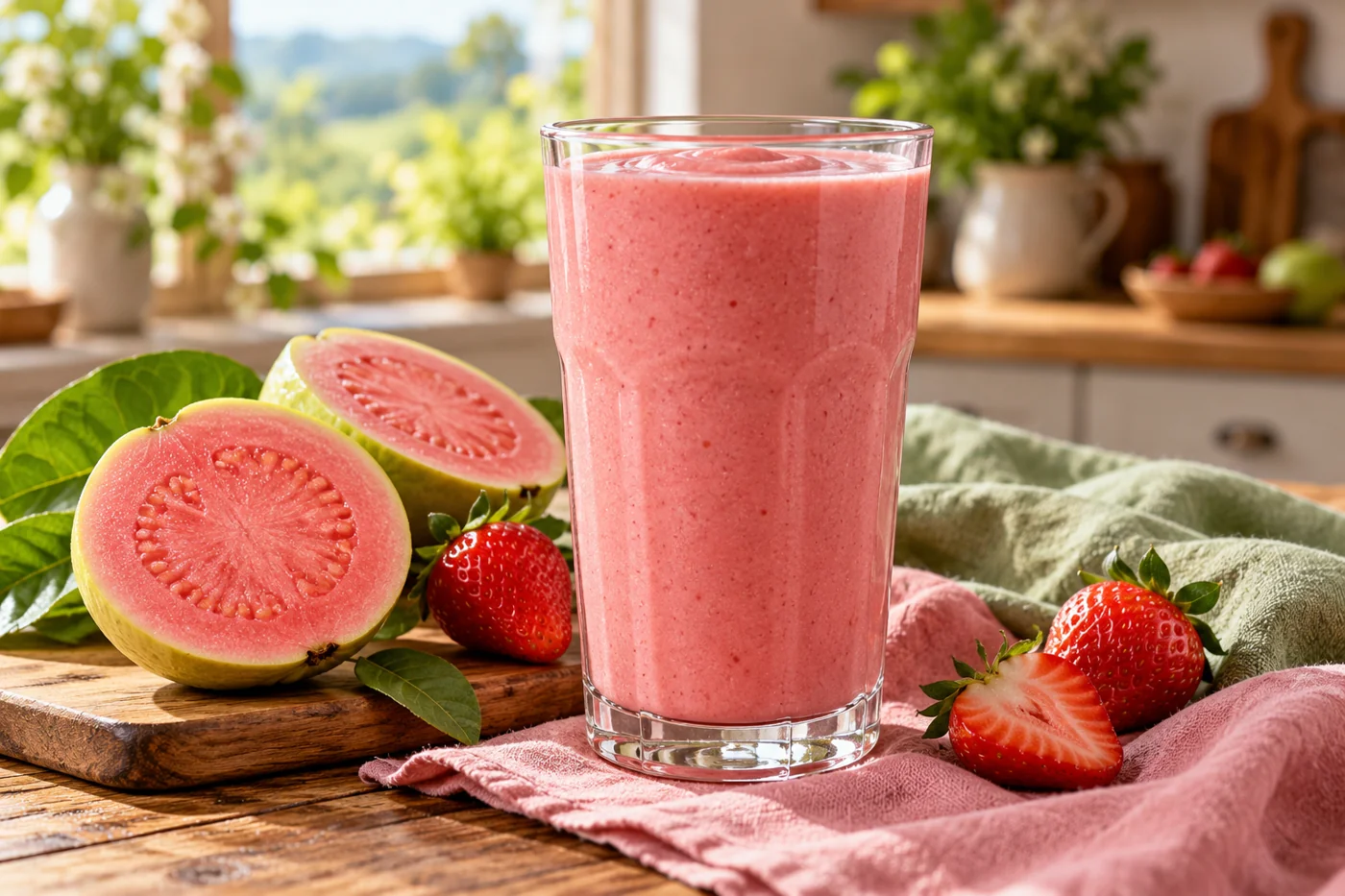 Guava Strawberry Smoothie in a clear glass