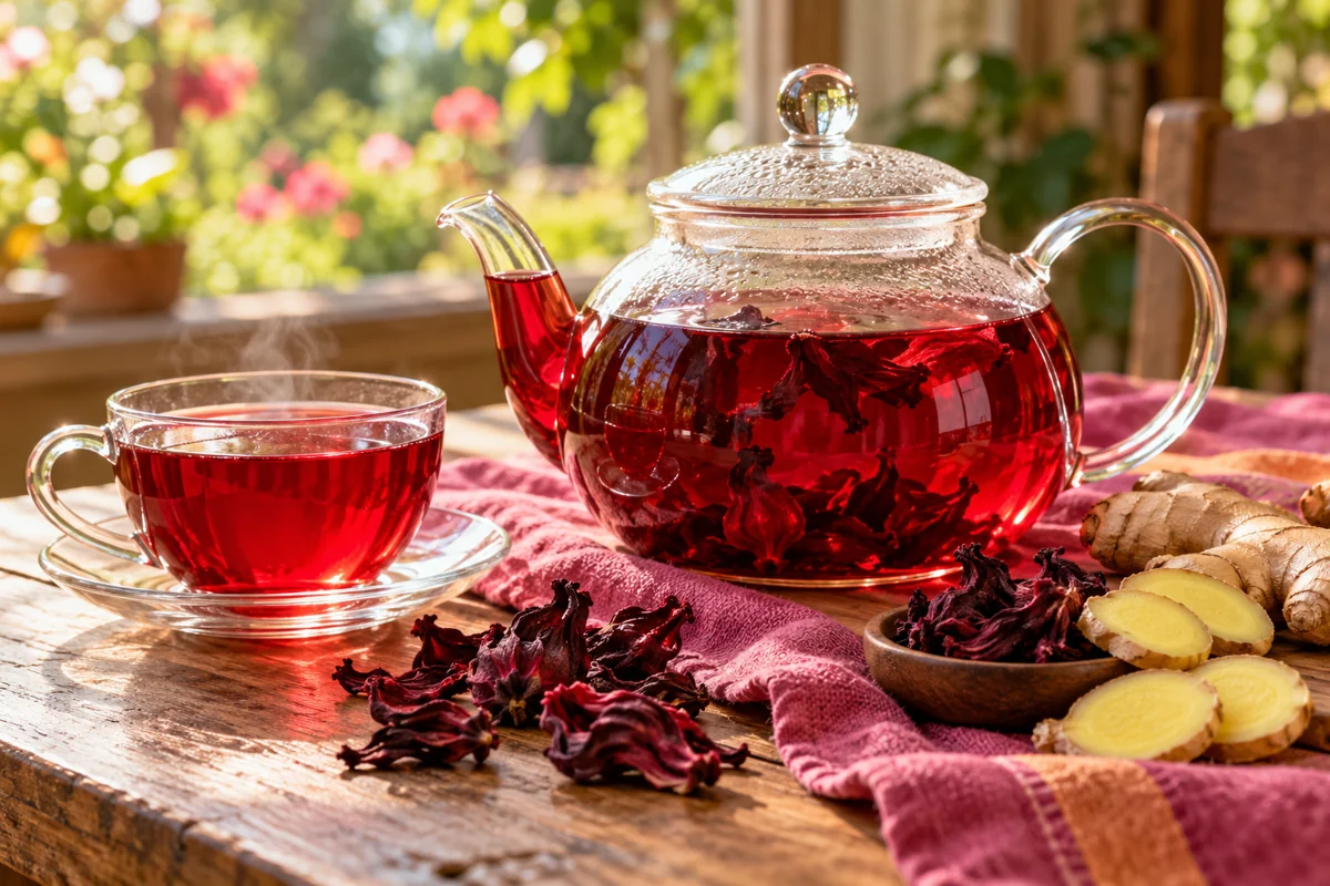 Hibiscus & Ginger Tea in a glass teapot and cup