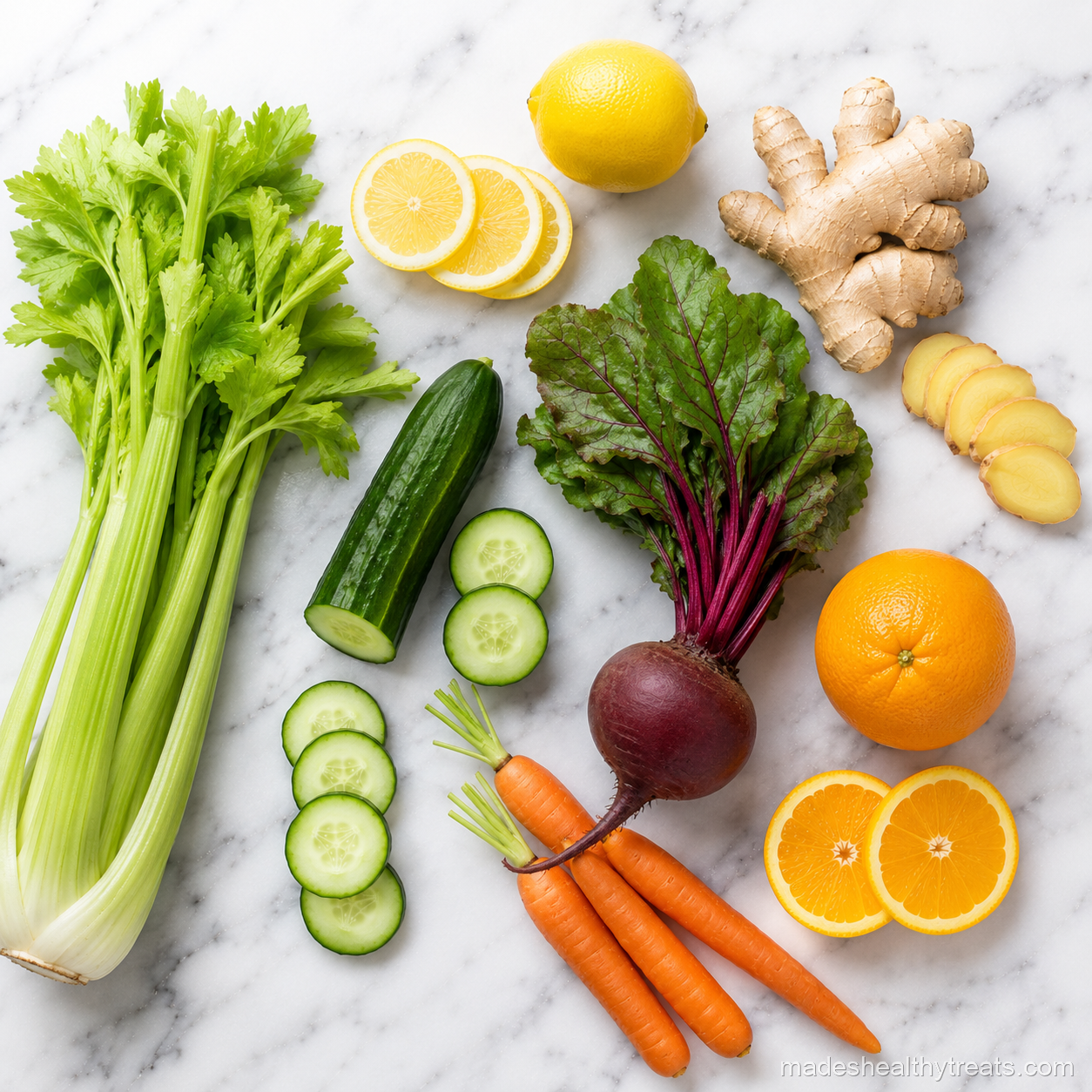 juice cleanse ingredients flat lay with citrus greens and ginger