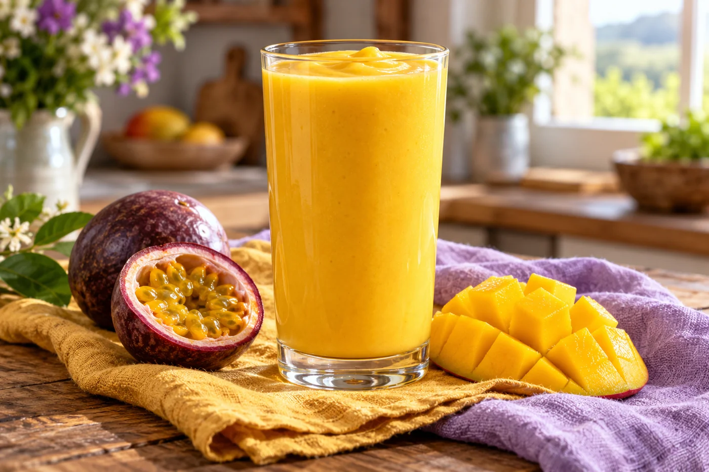 Mango Passion Fruit Smoothie served in a clear glass with its fruit nearby
