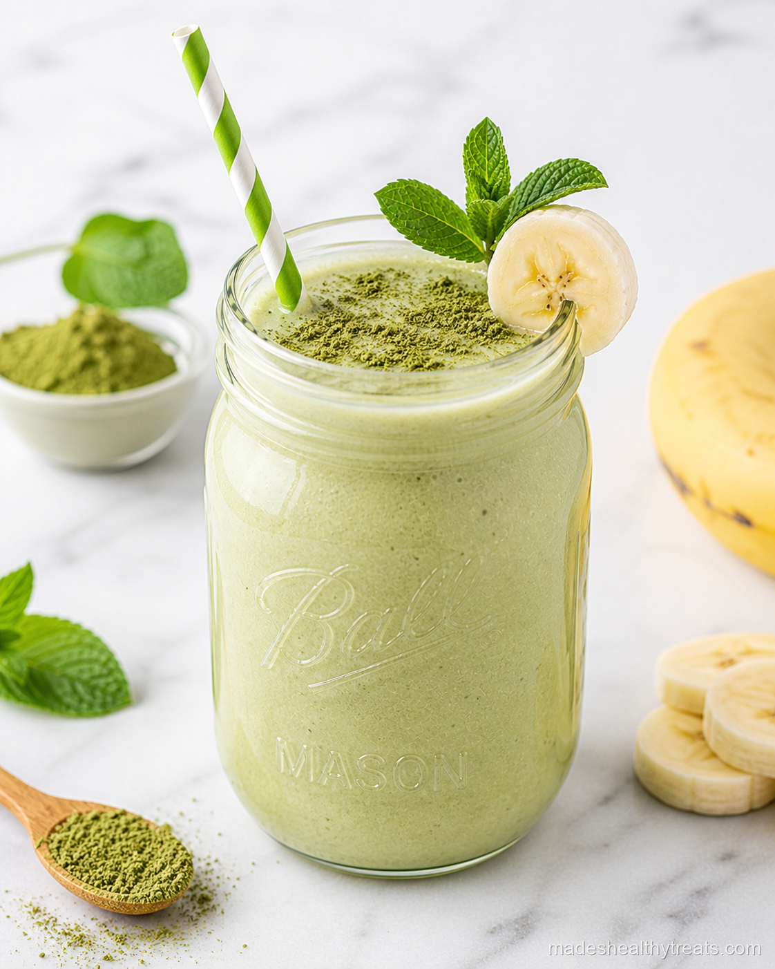 matcha lean smoothie with almond milk banana and chia