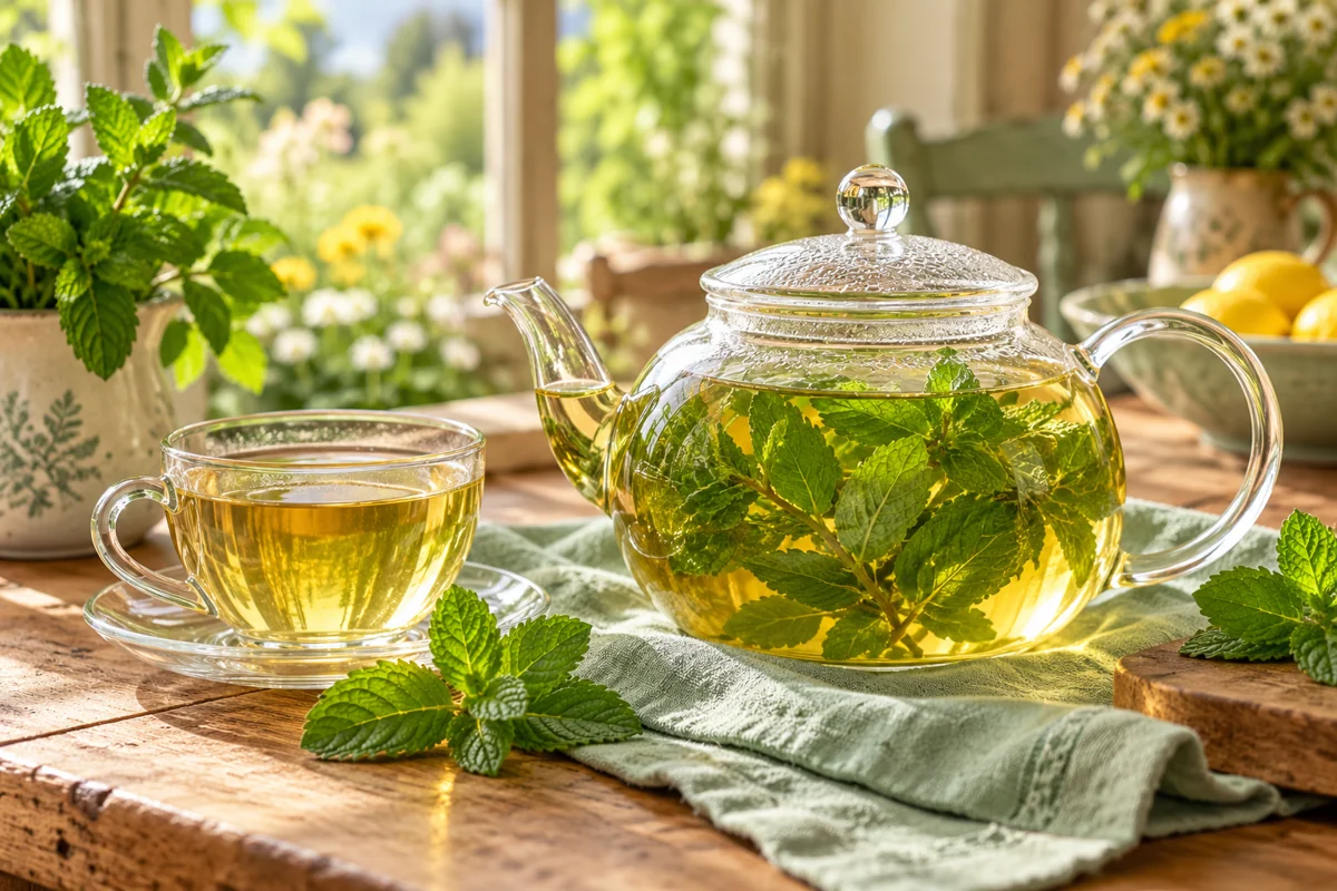 Fresh Mint Tea in a glass teapot and cup