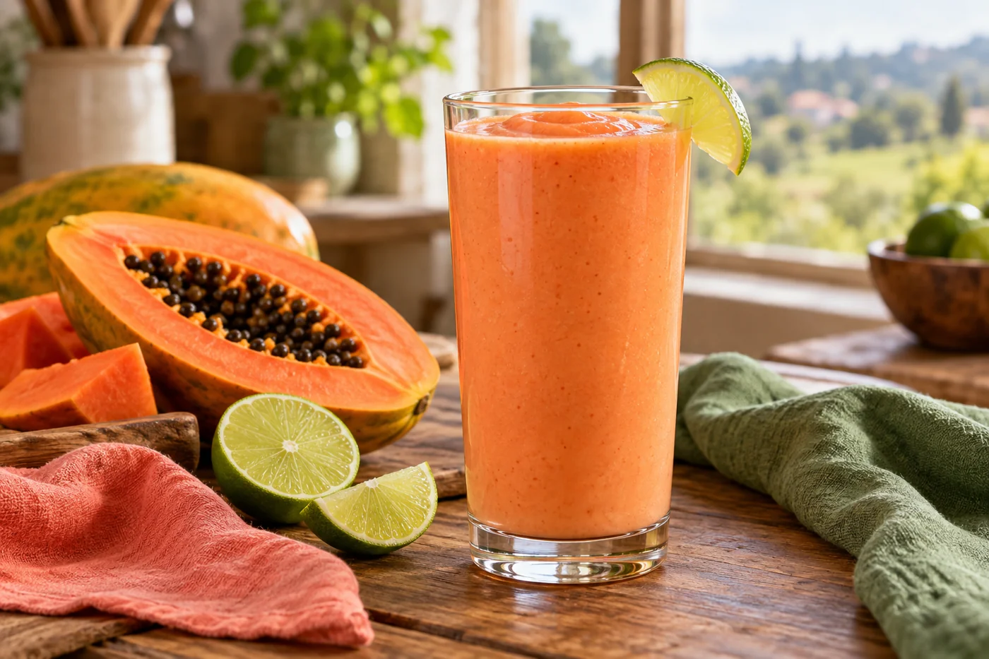 Papaya Lime Smoothie Without Banana in a clear glass