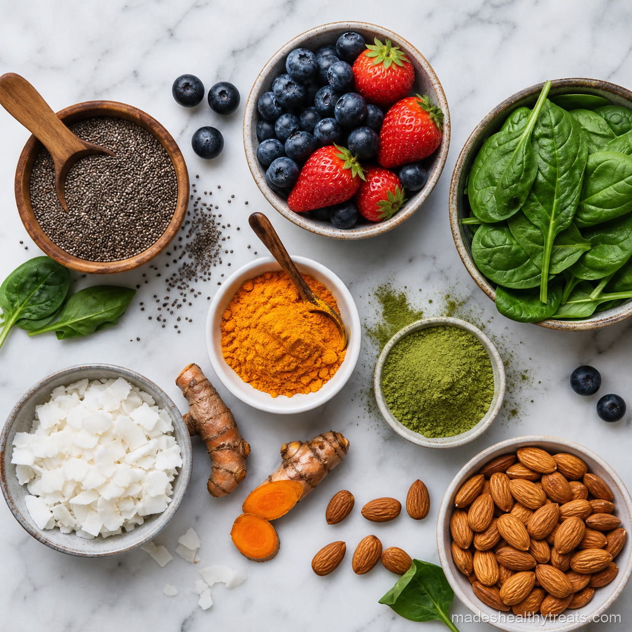 superfoods for smoothies flat lay marble