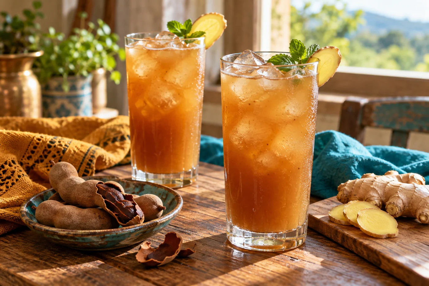 Tamarind Ginger Cooler served in a clear glass with its fruit nearby
