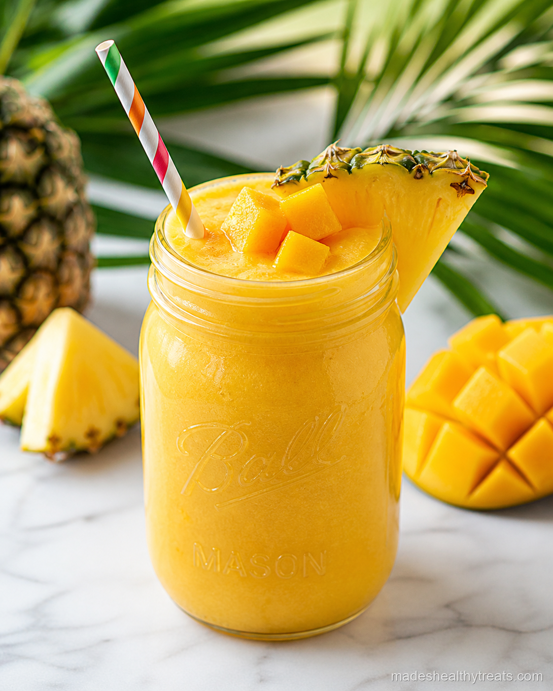 tropical mango pineapple banana smoothie in a glass