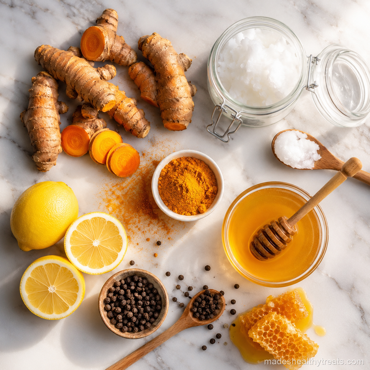 turmeric golden shot ingredients with turmeric lemon honey black pepper and coconut oil
