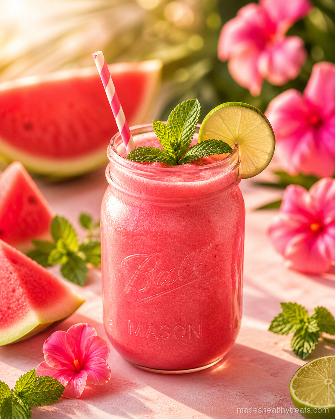 watermelon mint cooler smoothie with lime and mint
