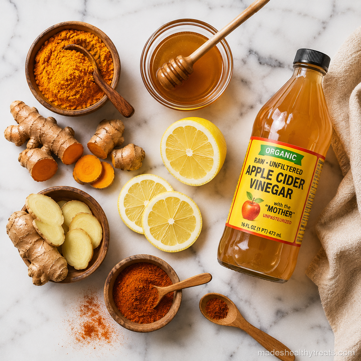wellness shot ingredients flat lay ginger turmeric acv wheatgrass