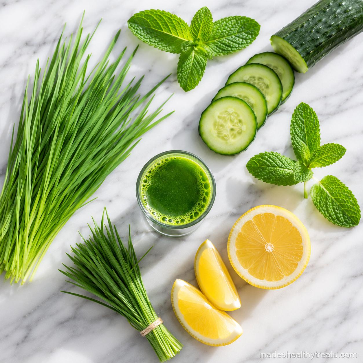 wheatgrass energy shot ingredients with lemon cucumber mint and wheatgrass